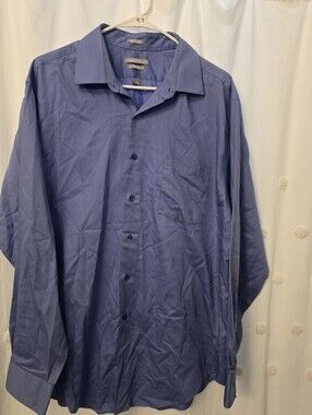 Van Heusen Men's Classic Blue Button-Up Dress Shirt Lux Sateen Fitted 17 1/2